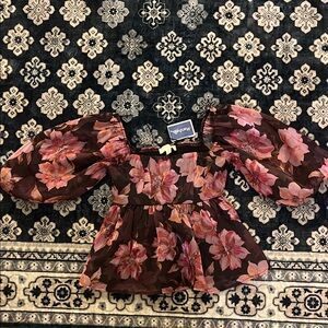 Misa Los Angeles Brown Floral Off-Shoulder Puff-Sleeve Peplum Top